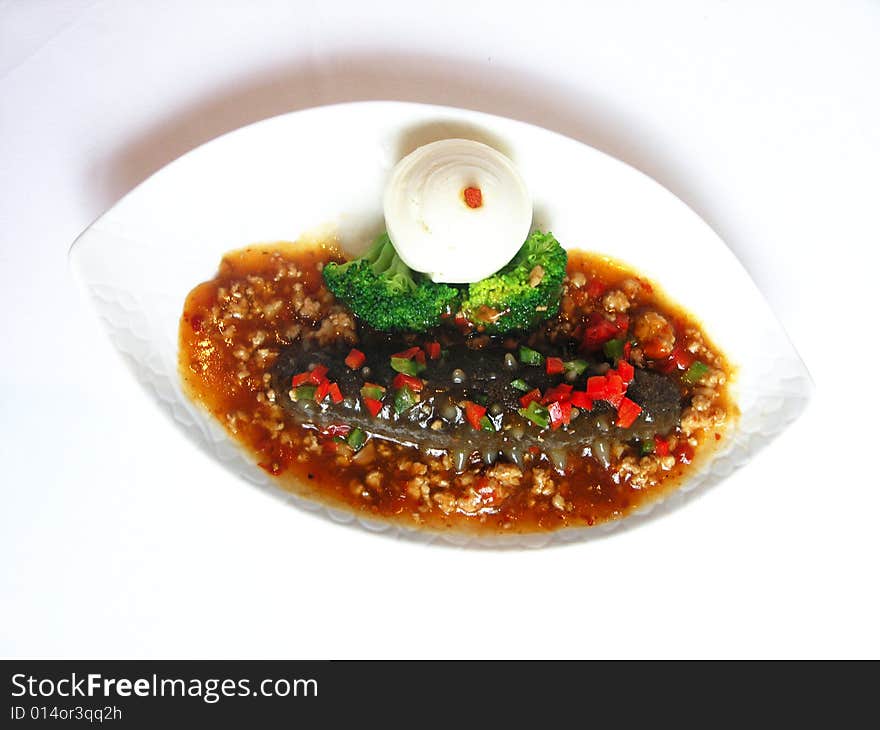 Top view of  Stewed japanese sea cucumber with spicy minced pork. Top view of  Stewed japanese sea cucumber with spicy minced pork