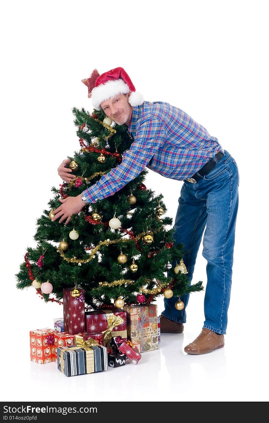 Christmas tree and man with Santa hat on white background. Christmas tree and man with Santa hat on white background