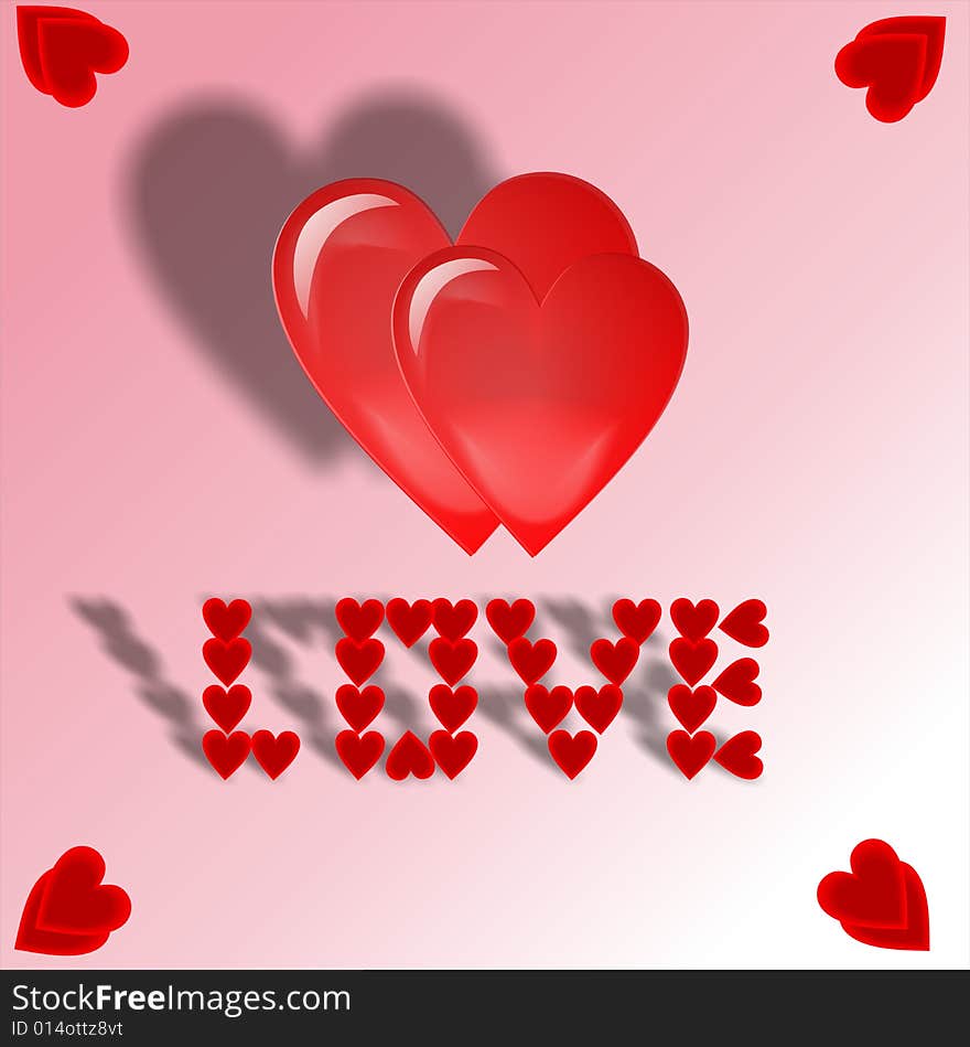 Two red hearts on rose background and inscription love. Two red hearts on rose background and inscription love