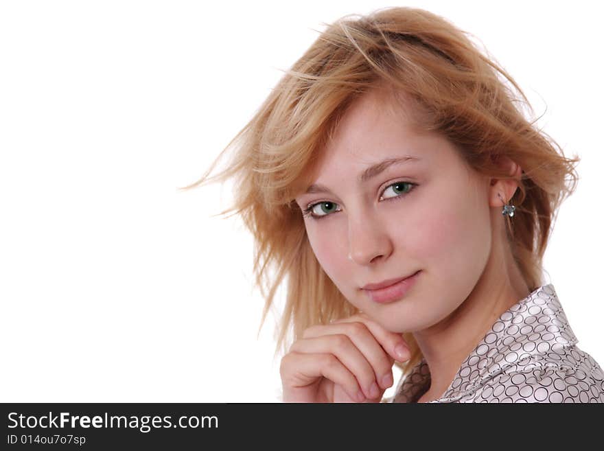 Portrait young blonde girl, it is isolated on white