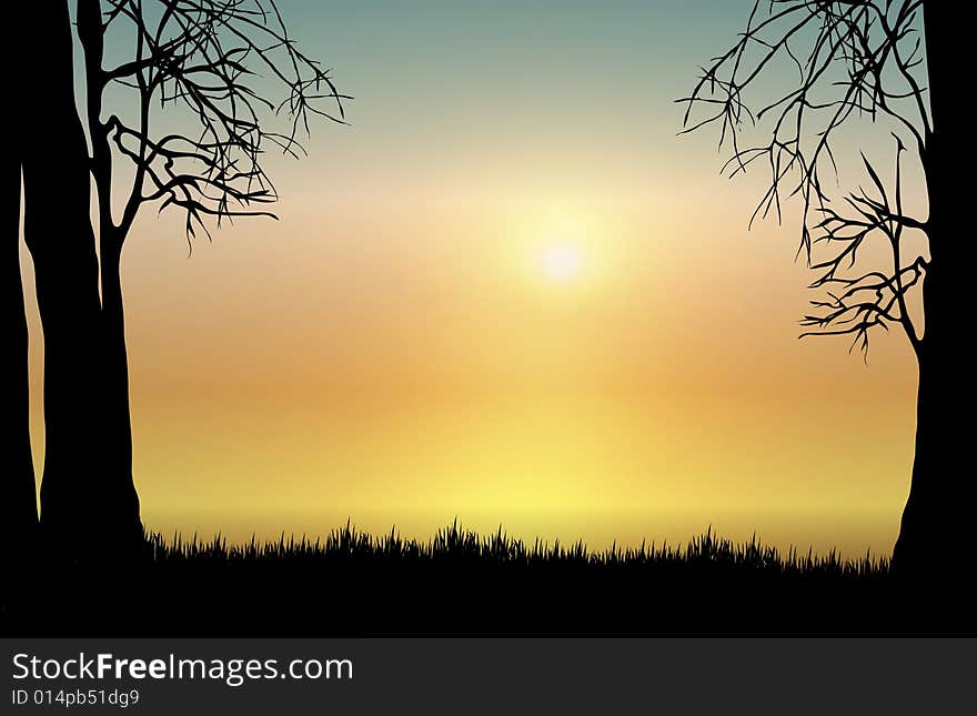 Landscape silhouette of forest with setting sun. Landscape silhouette of forest with setting sun