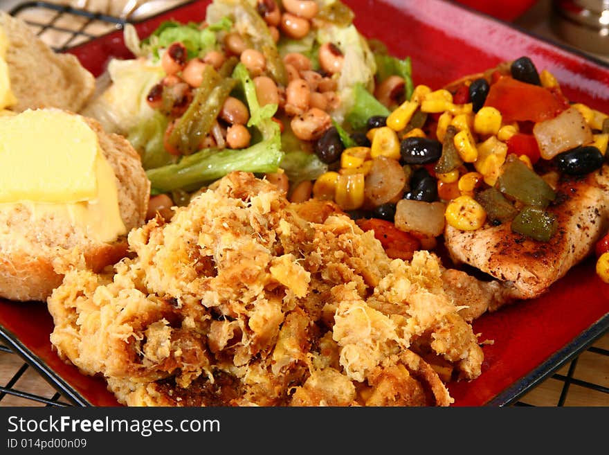 Baked squash with Santa Fe chicken, rolls, baked squash and blackeyed pea salad.