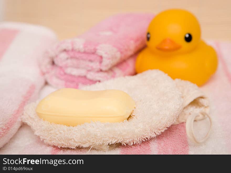 Close up of colorful bath accessories