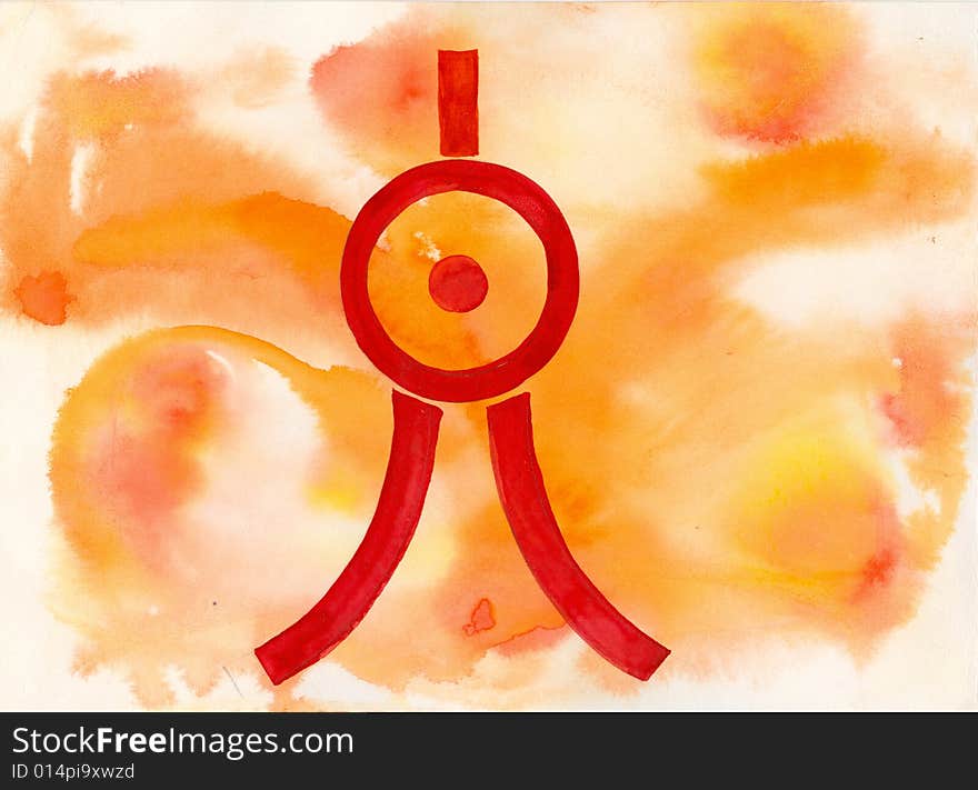 Watercolour hand drawn composition with red rune on orange. Watercolour hand drawn composition with red rune on orange