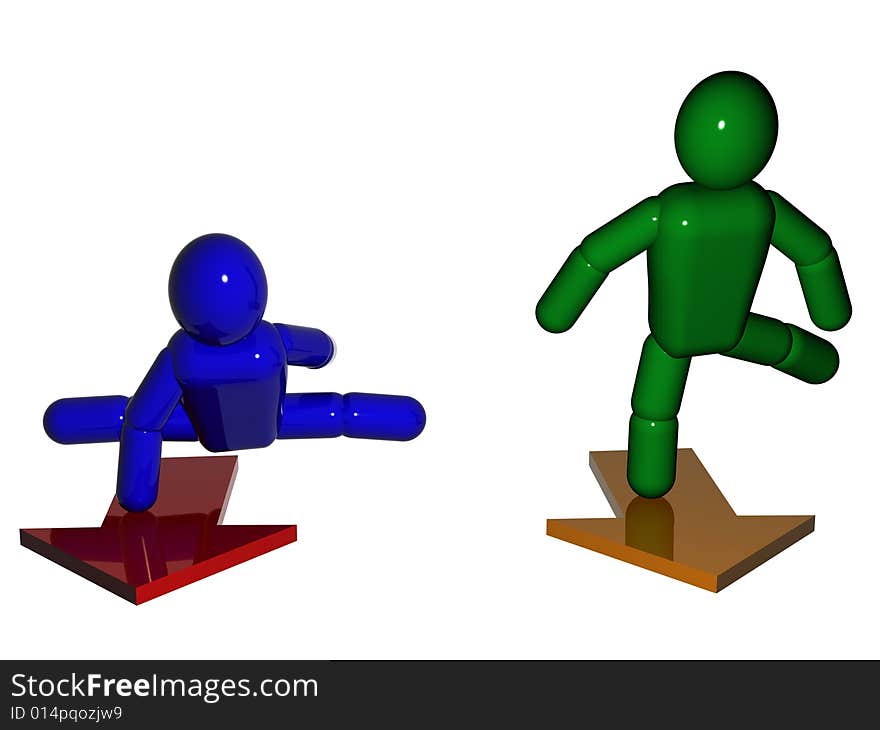 3d persons staying on the pointers. 3d render.