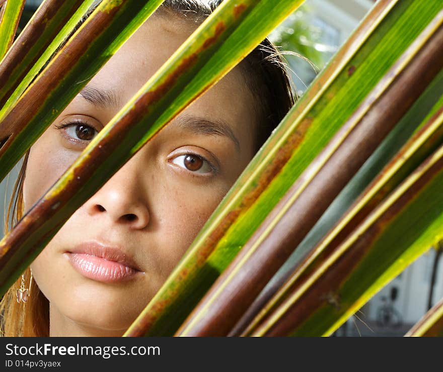 Young woman with a palm frond in the foreground. Young woman with a palm frond in the foreground