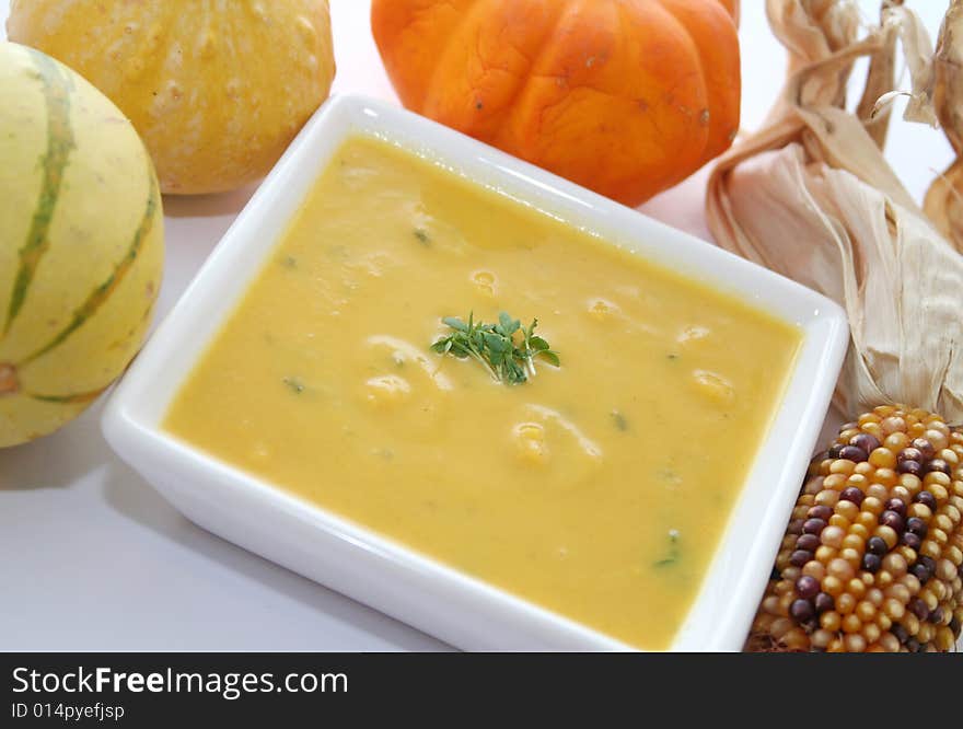 A meal of a soup of fresh pumpkins