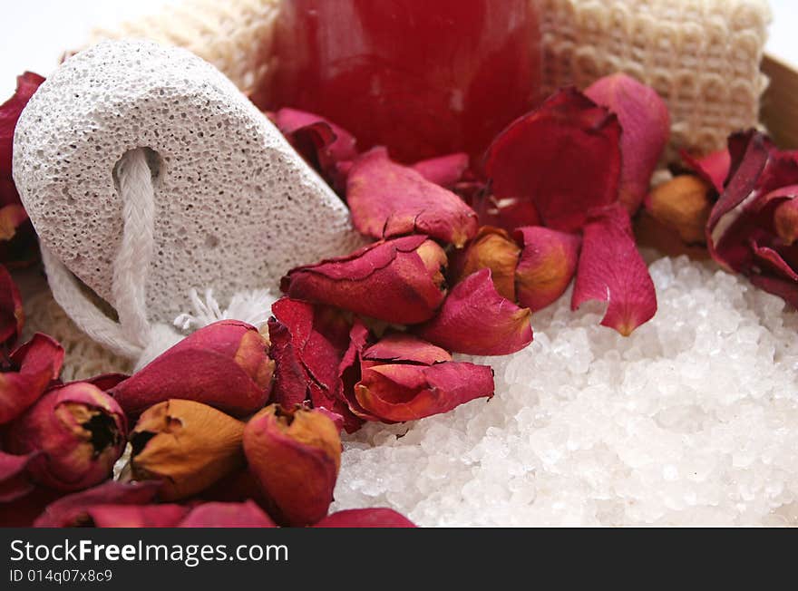 Some salt for taking a bath and roses. Some salt for taking a bath and roses