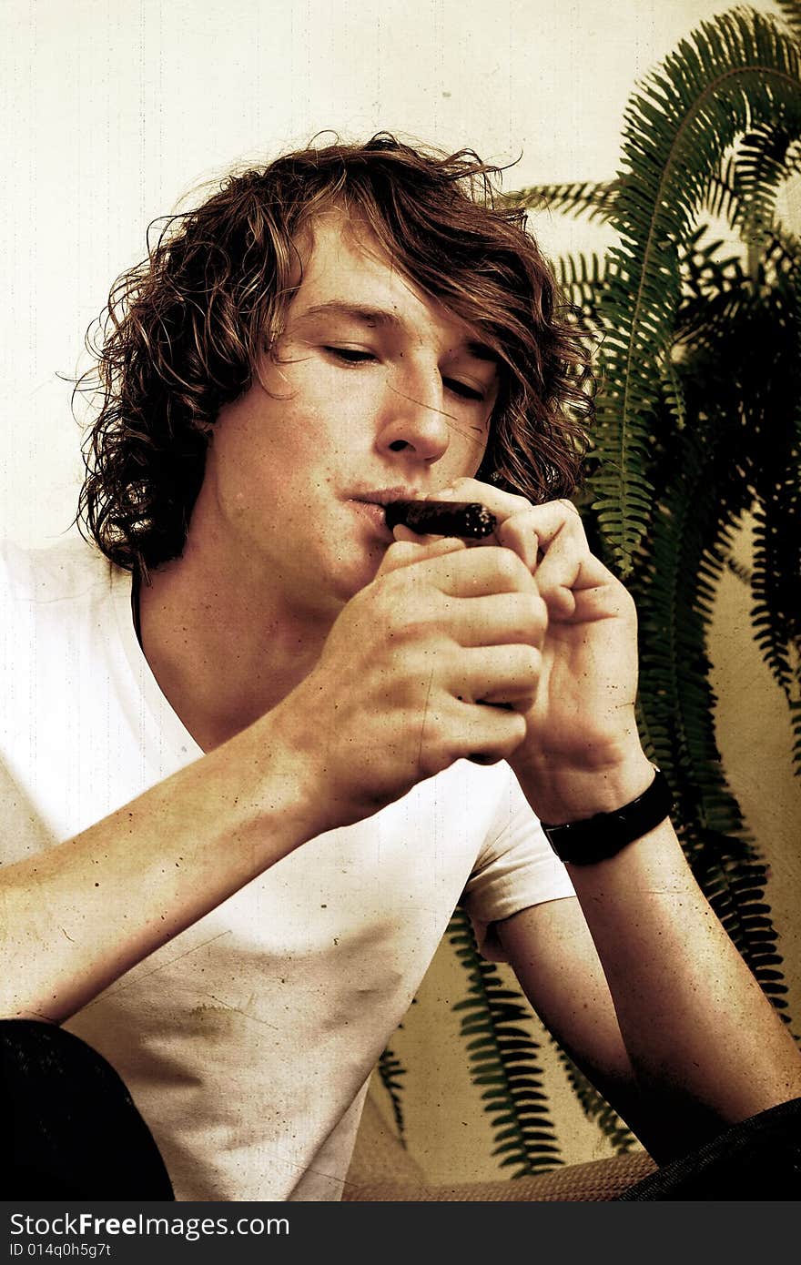 Retro stylized photo of a boy smoking cigar