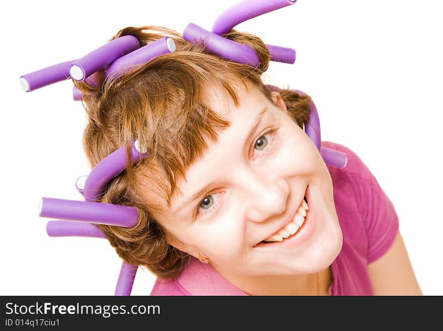 Young Pretty Girl With Hair Curlers