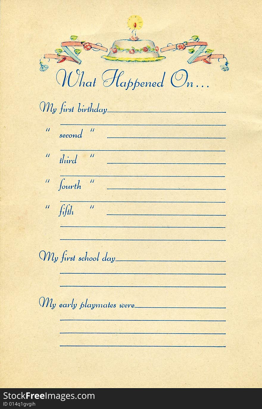 A page from a 1939 vintage baby book. A page from a 1939 vintage baby book.