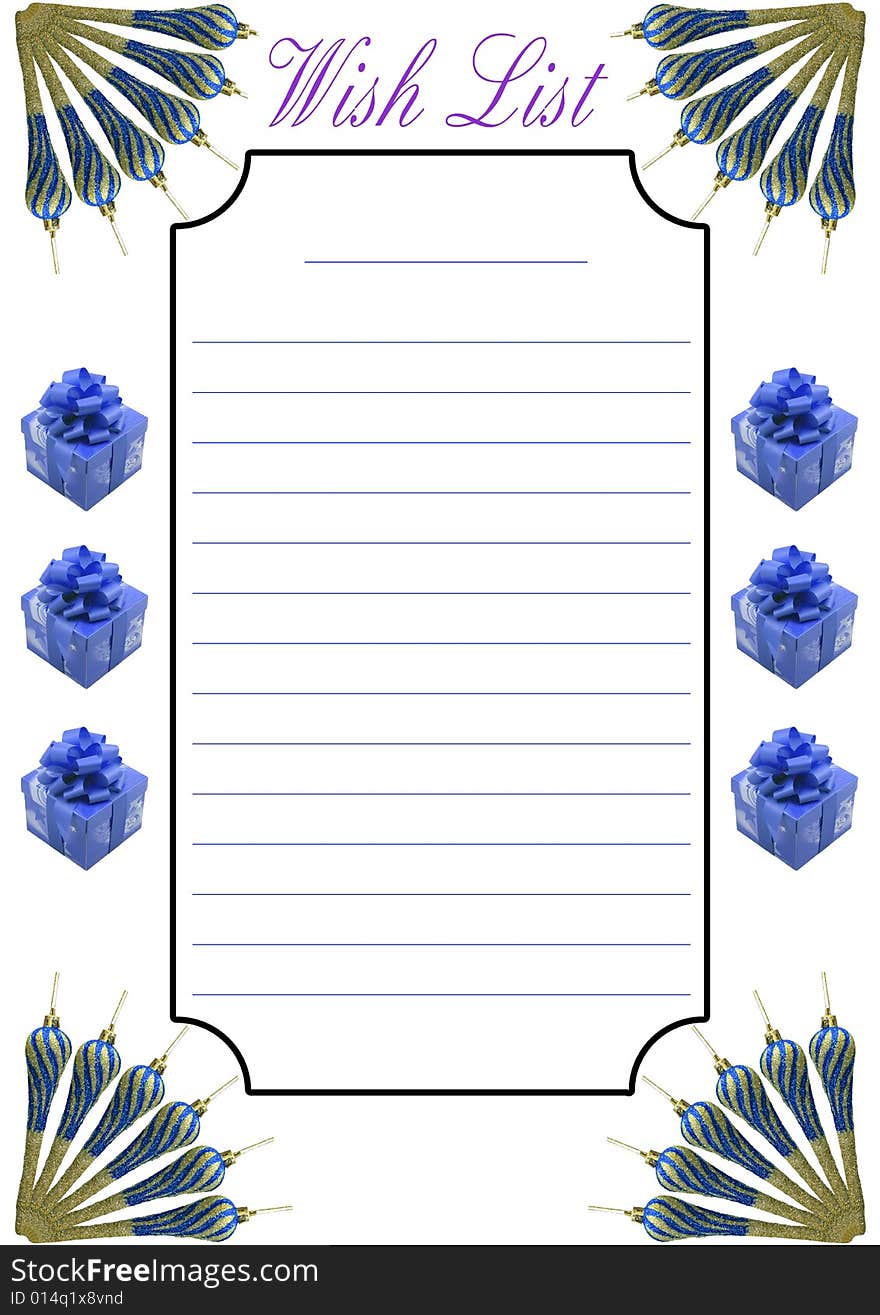 A wish list decorated with blue christmas presents. A wish list decorated with blue christmas presents