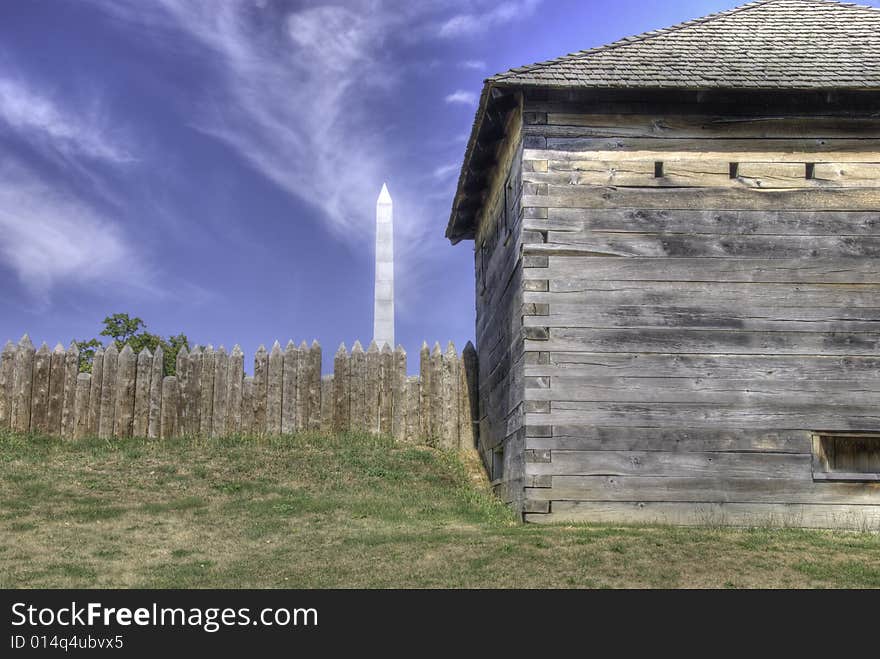 Photo of the  War of 1812 Fort Meigs,in Perrysbery, OH.  The photo is in series shot on 9/11. Blockhouse and monument are symbols of defense and commemoration of freedom. Photo of the  War of 1812 Fort Meigs,in Perrysbery, OH.  The photo is in series shot on 9/11. Blockhouse and monument are symbols of defense and commemoration of freedom.