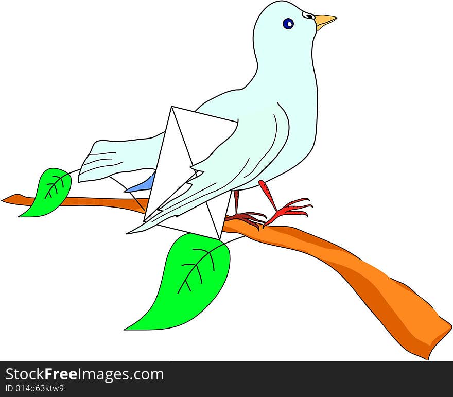 Pigeon with the letter on the branch with leaves. Pigeon with the letter on the branch with leaves