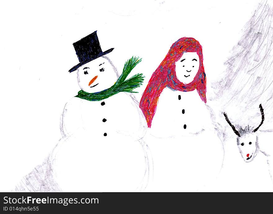 snowman and snow lady with a reindeer and trees in the background. snowman and snow lady with a reindeer and trees in the background