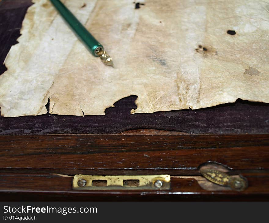 An old calligraphy set in a French polished Victorian writing slope close up. An old calligraphy set in a French polished Victorian writing slope close up.