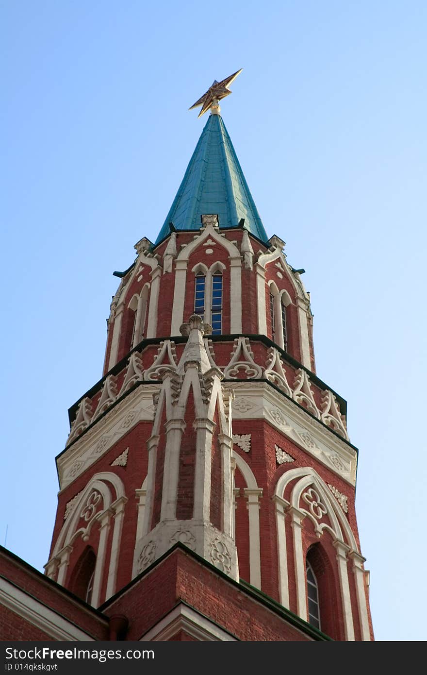 View of the Nikolskaya tower od the Moscow Kremlin from the ground level up