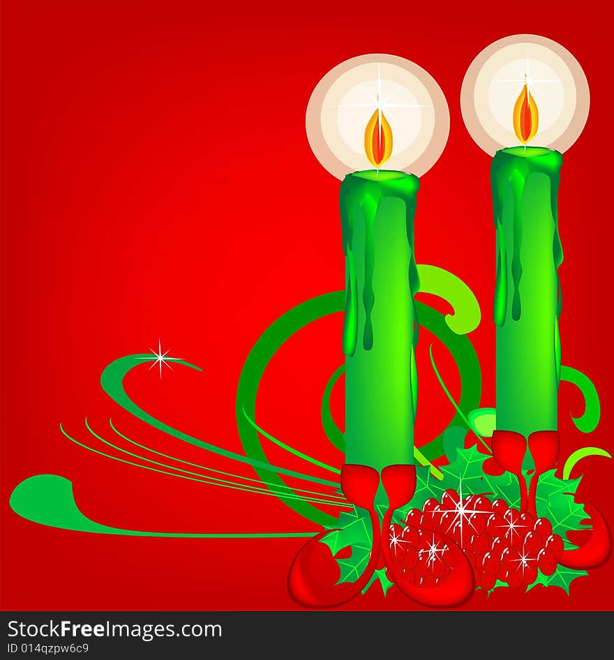 A festive decoration with two candles and holly. A festive decoration with two candles and holly