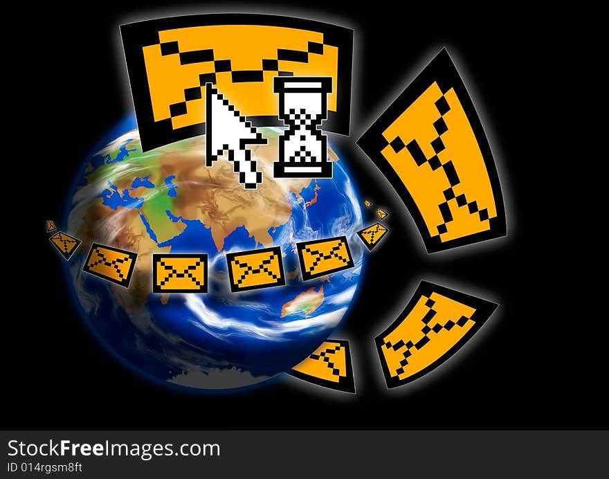 An illustration of flying global email. An illustration of flying global email