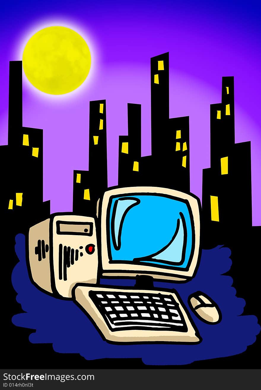 Computer over city scape with fulll moon