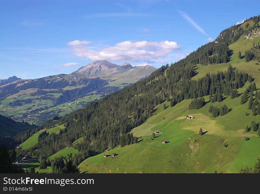 Summer rural landscape view on green Alps mountains, trees, slopes, and wooden detached houses. Alps, Switzerland, europe. Summer rural landscape view on green Alps mountains, trees, slopes, and wooden detached houses. Alps, Switzerland, europe.