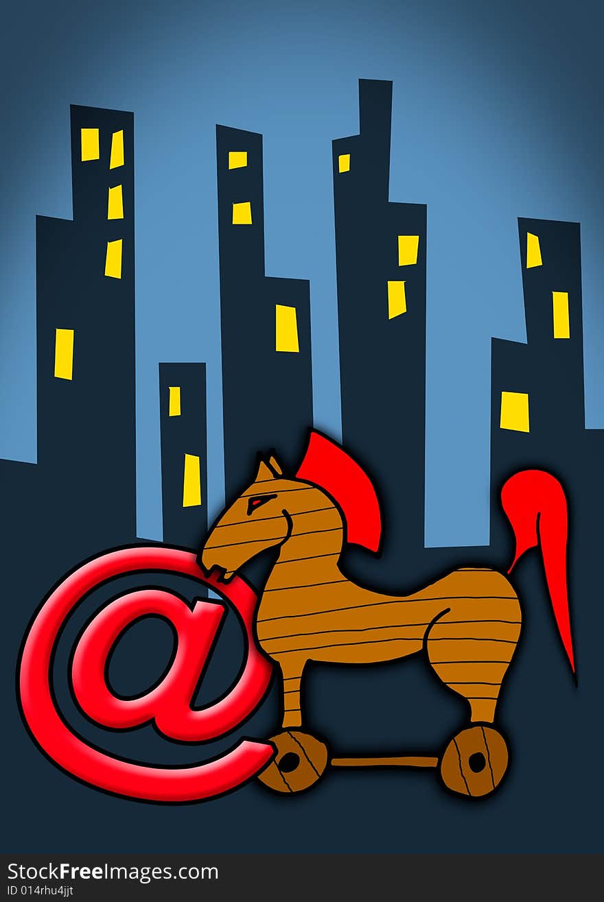 Illustration of Troijan horse over cityscape