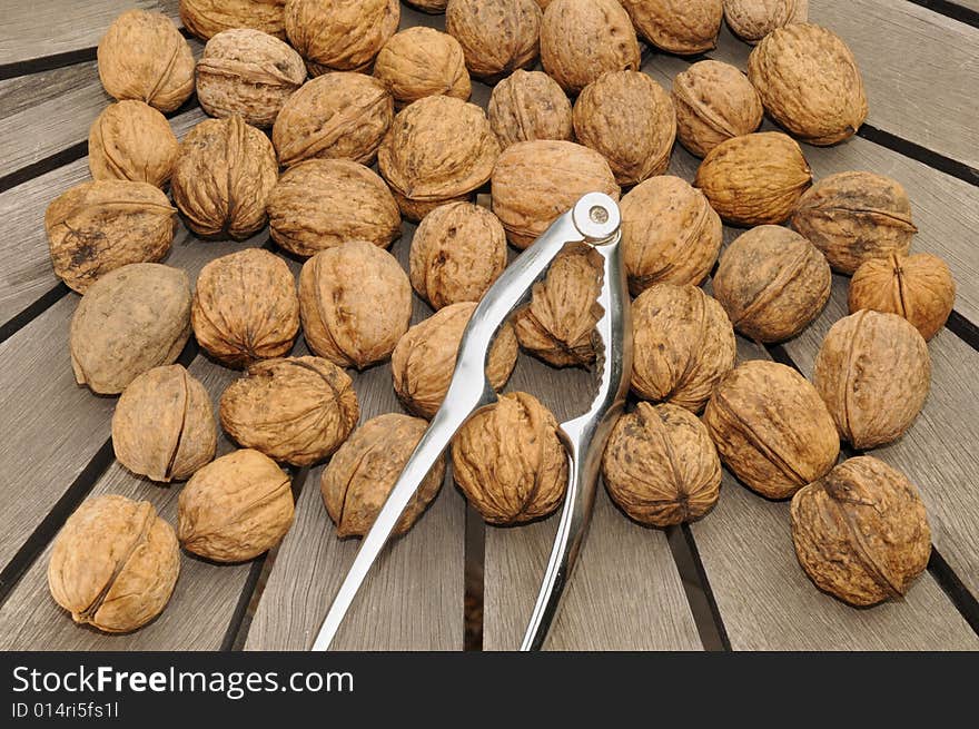 Several nuts on wood table