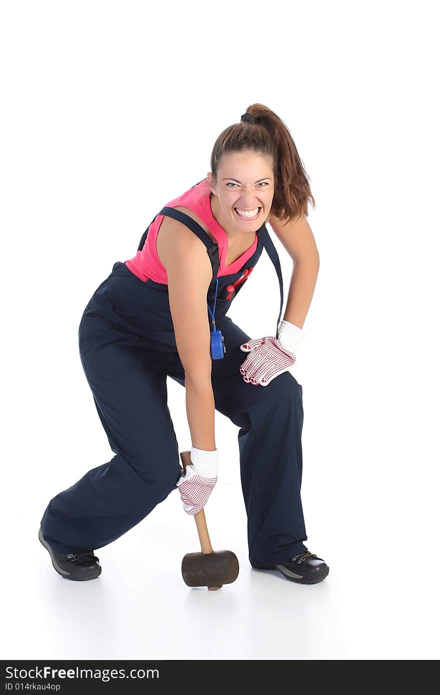 Woman with black rubber mallet on white background