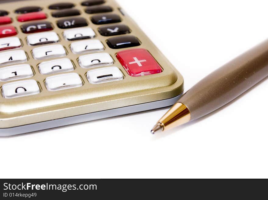 The calculator with the handle on a white background