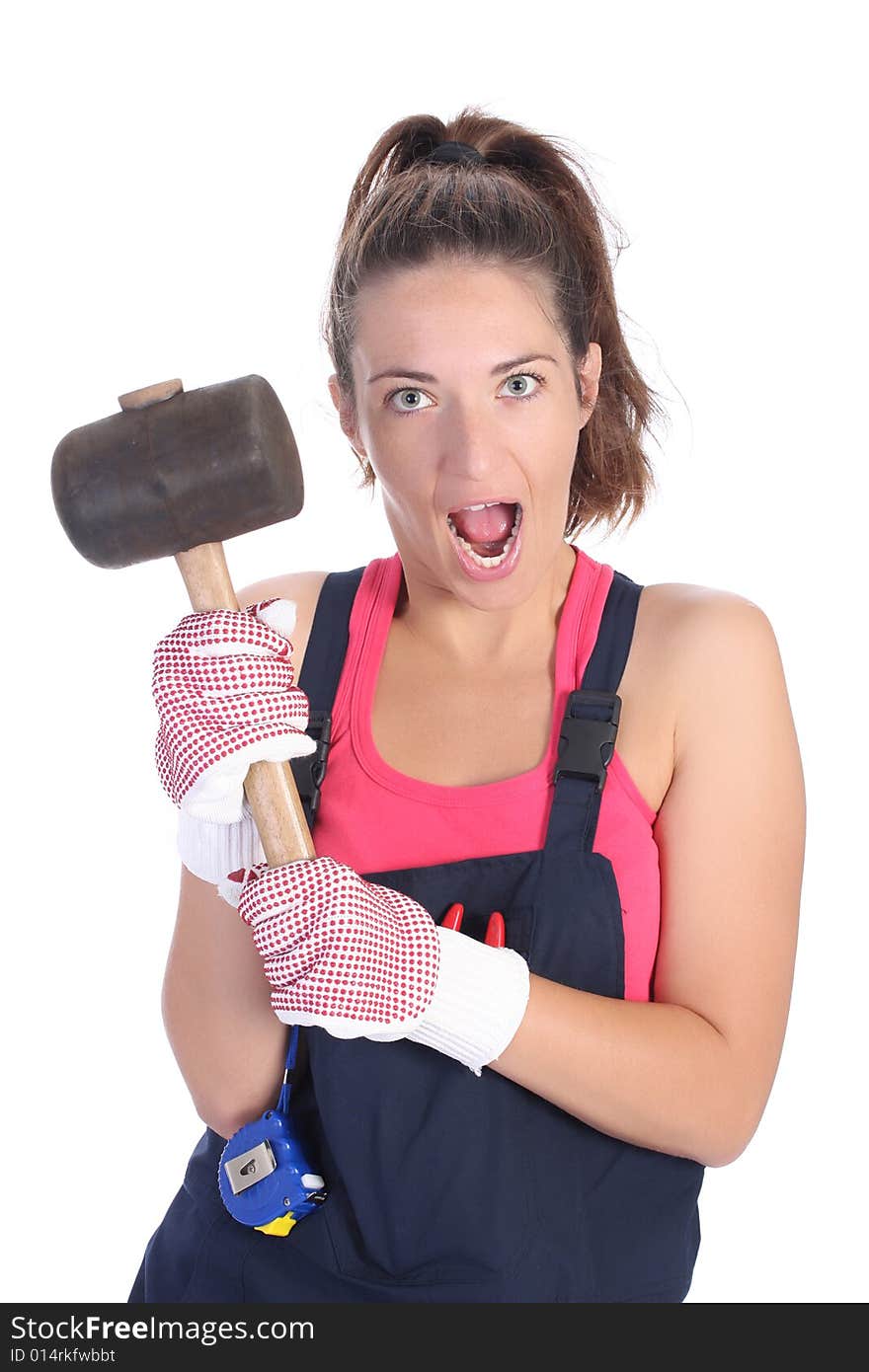 Woman with black rubber mallet on white background