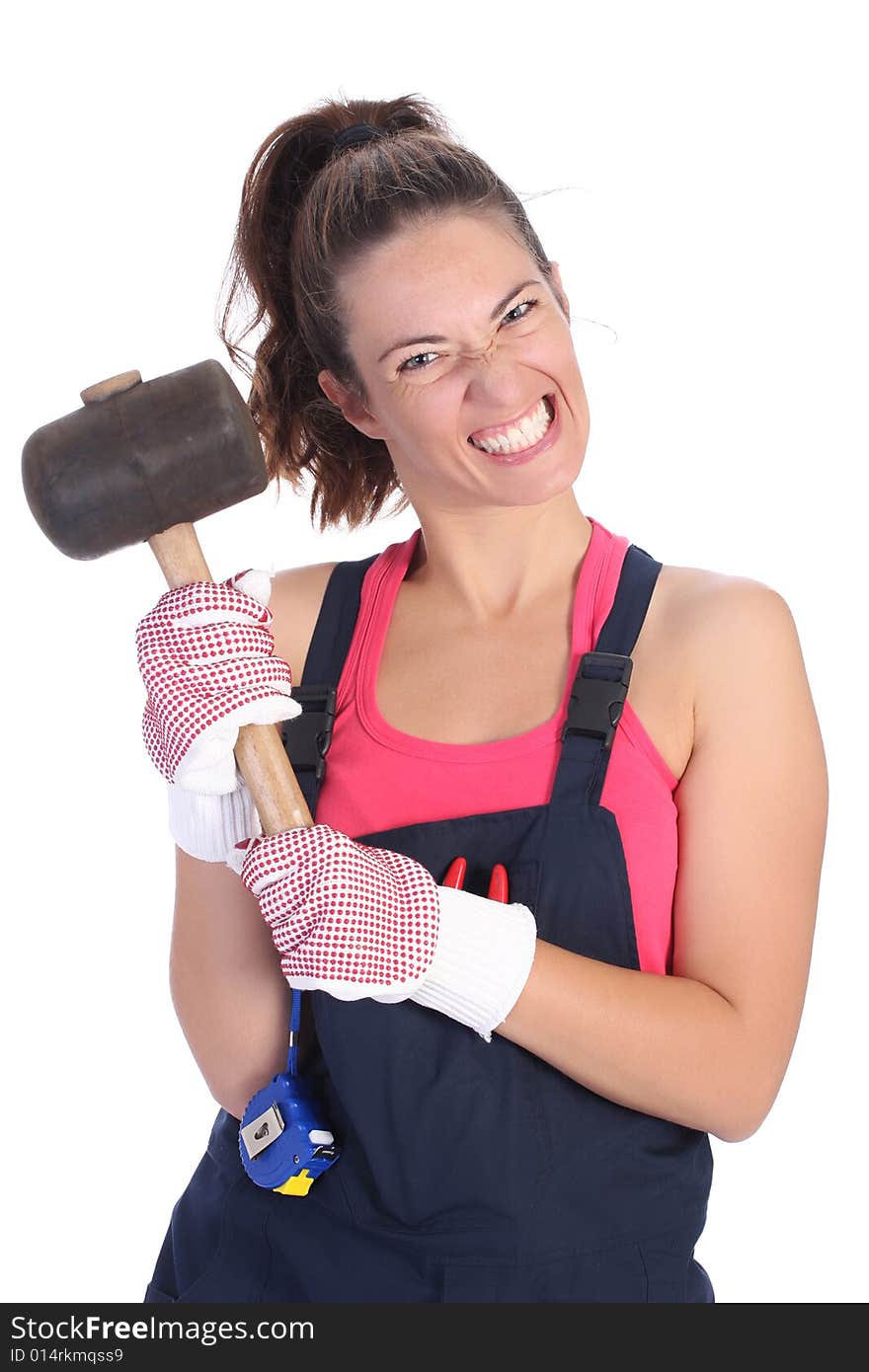 Woman with black rubber mallet on white background