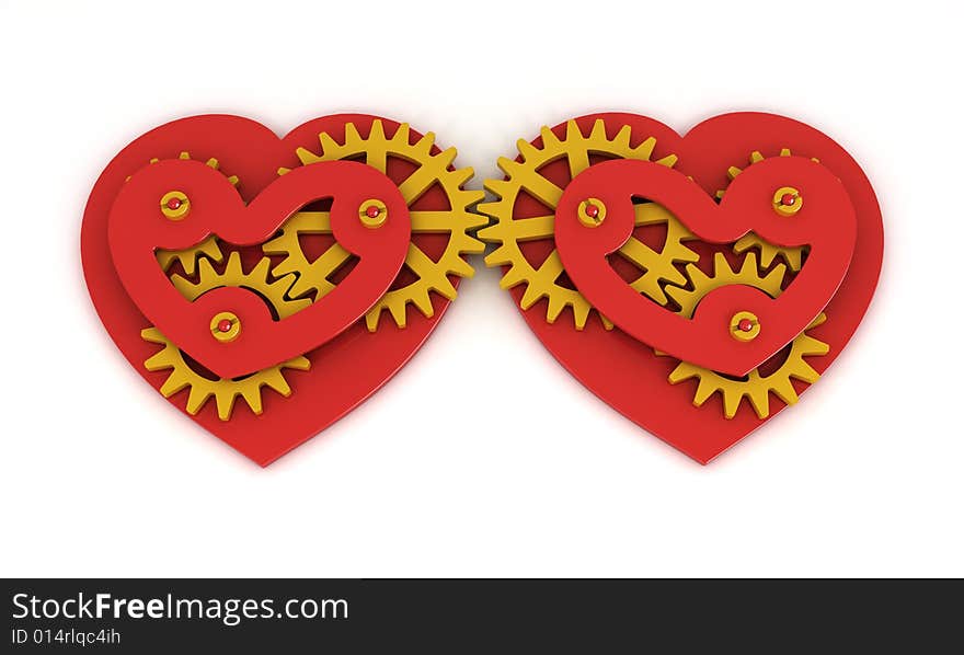 Two red mechanical hearts in white backgrounds. Two red mechanical hearts in white backgrounds