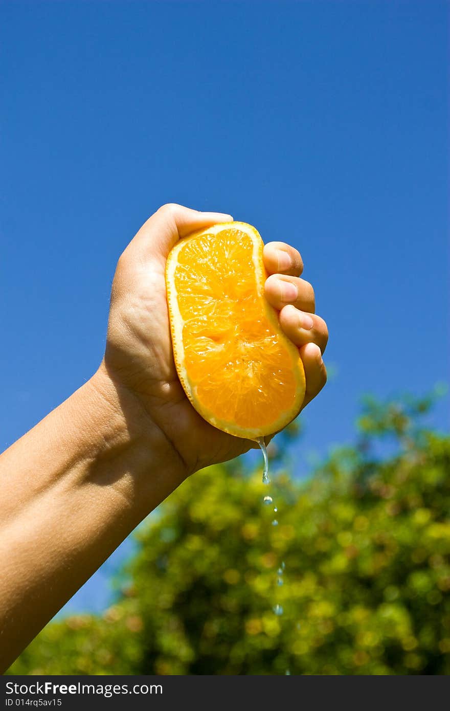 Male hand squeezing an half orange. Male hand squeezing an half orange