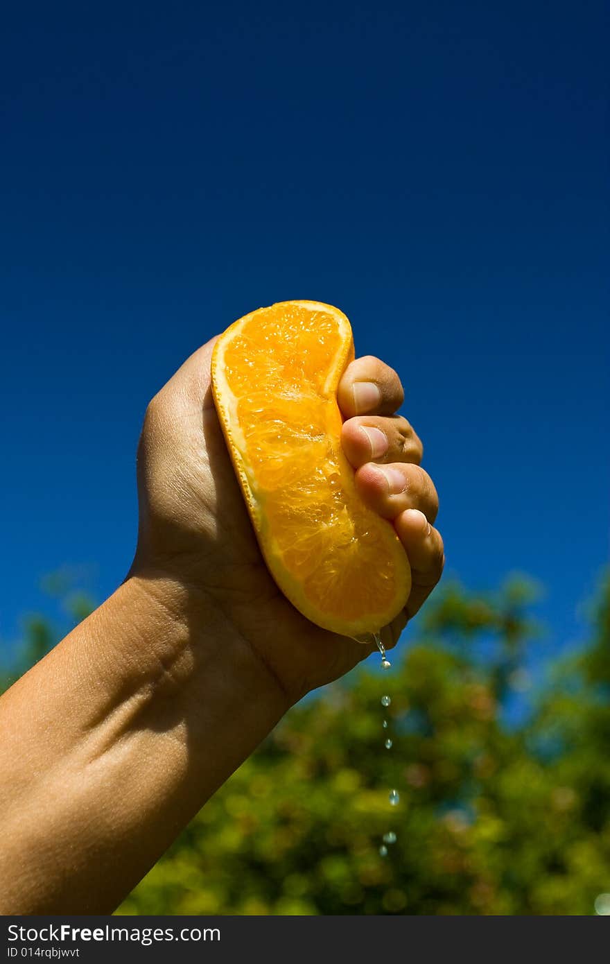 Male hand squeezing an half orange. Male hand squeezing an half orange