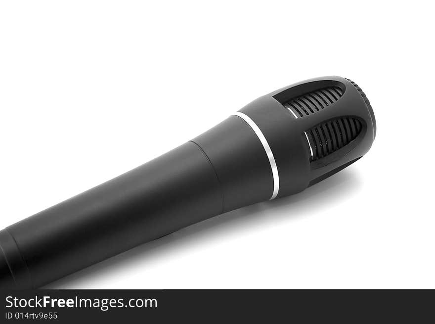 Modern black microphone isolated on white background