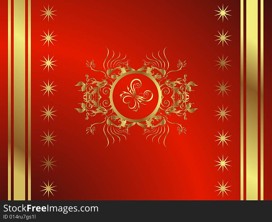 Royal floral butterfly on a red backround with golden elements. Royal floral butterfly on a red backround with golden elements