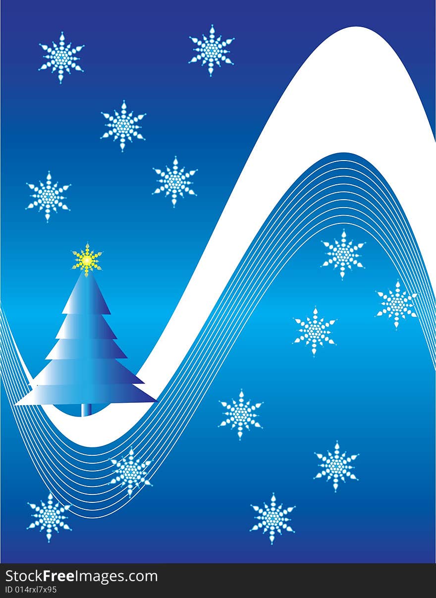 A Blue Christmas Tree Sits in a Snowy Valley in an Abstract Holiday Illustration. A Blue Christmas Tree Sits in a Snowy Valley in an Abstract Holiday Illustration.