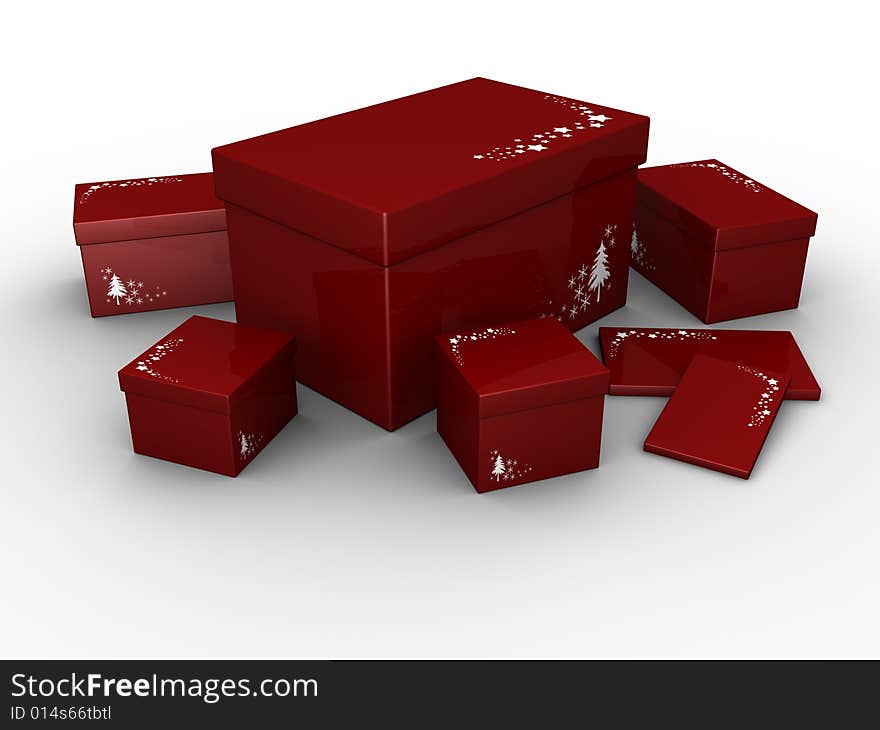 Red christmas gifts on a white background. Made in 3d. Red christmas gifts on a white background. Made in 3d.