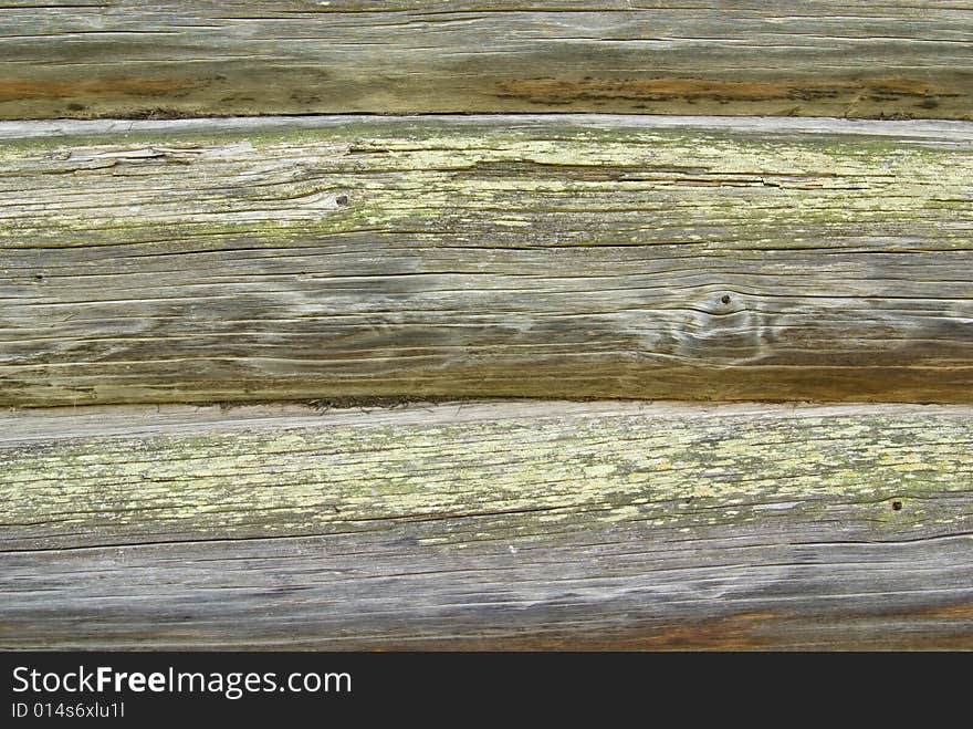 Close-up of old loghouse wall, covered with moss and lichen. Close-up of old loghouse wall, covered with moss and lichen