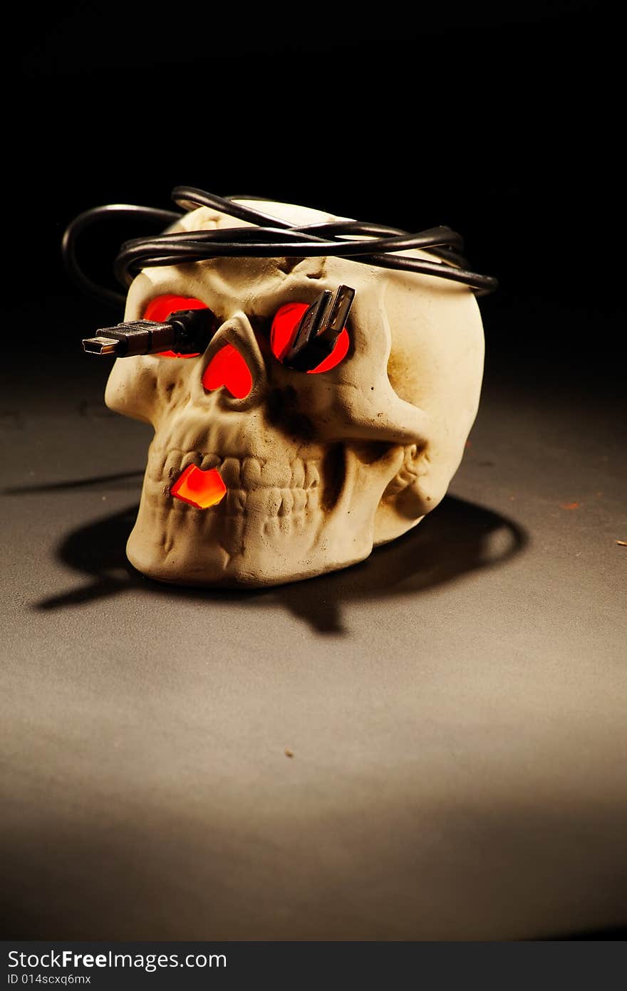 Lit skull on dark background with USB cable put around it in a form of wreath with connectors sticking out from eye holes. Lit skull on dark background with USB cable put around it in a form of wreath with connectors sticking out from eye holes.