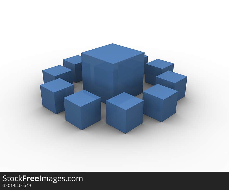 Blue boxes in different sizes in a square pattern on a white background. Made in 3d. Blue boxes in different sizes in a square pattern on a white background. Made in 3d.