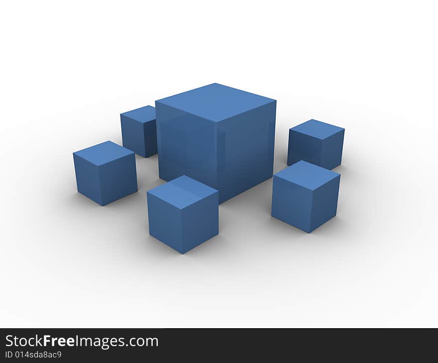 Blue boxes in different sizes in a square pattern on a white background. Made in 3d. Blue boxes in different sizes in a square pattern on a white background. Made in 3d.