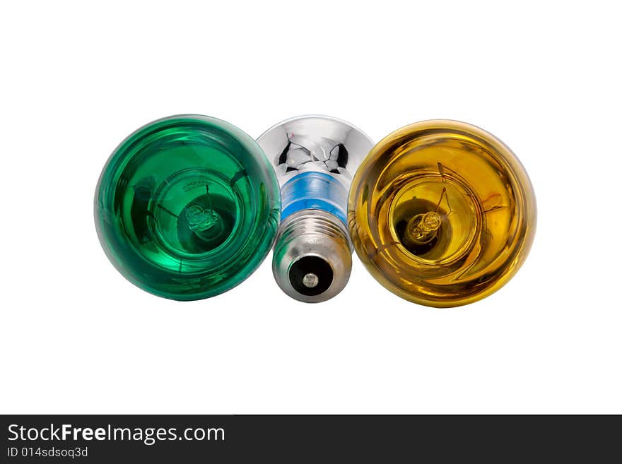 Three multicoloured electric light bulbs is on white background. Three multicoloured electric light bulbs is on white background