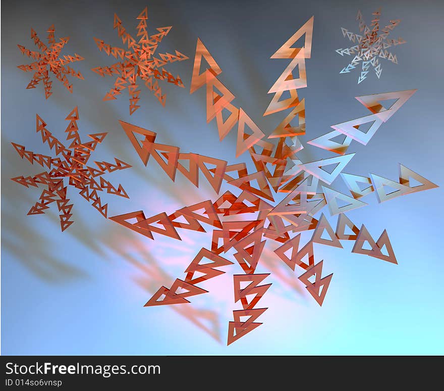 3d illustration of triangle rulers arranged to form six flakes of snow