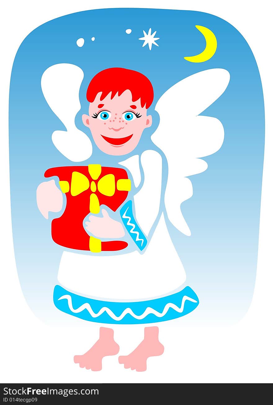 Cartoon angel with gift box on a blue background. Christmas illustration. Cartoon angel with gift box on a blue background. Christmas illustration.