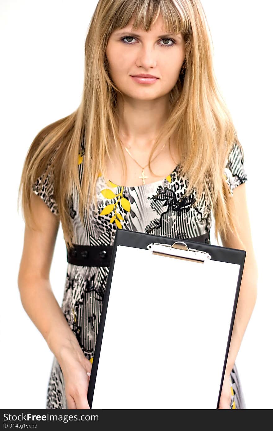 Young woman with empty white paper