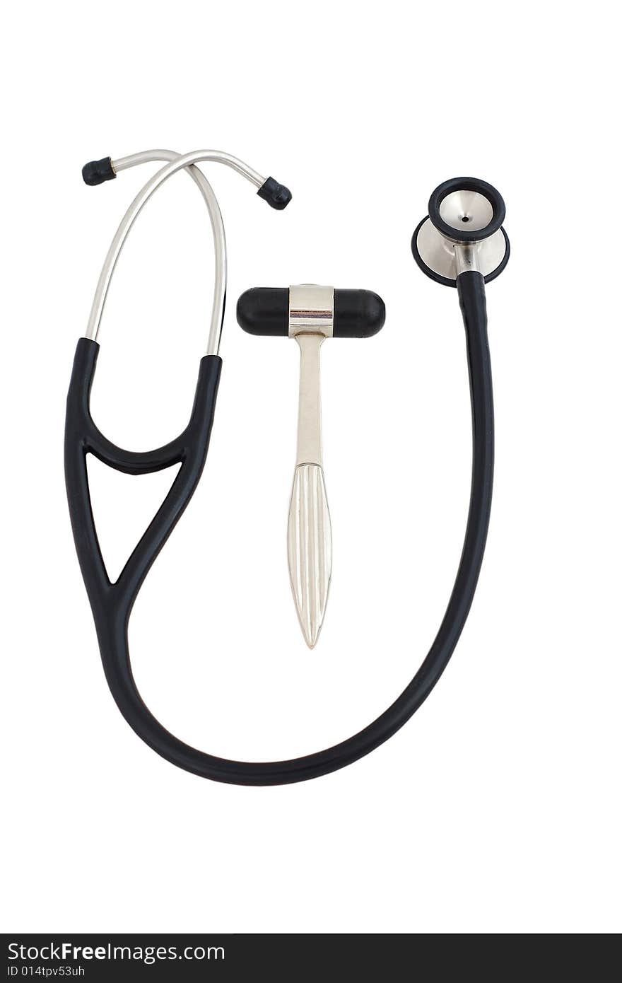 Stethoscope and reflex hammer isolated on white