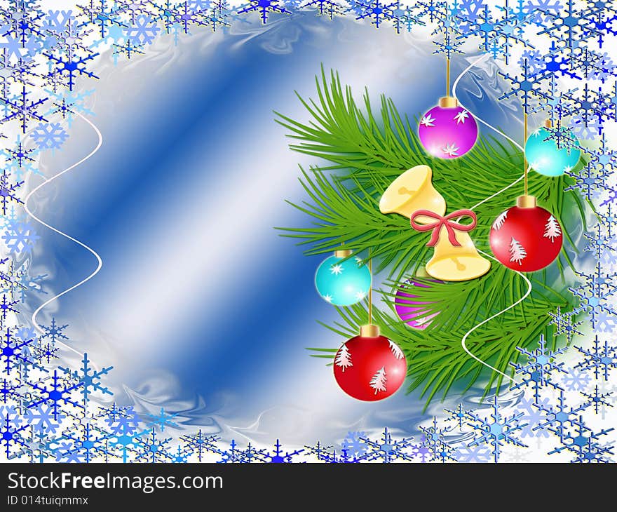 Dark blue background with a Christmas ornament and snowflakes. Dark blue background with a Christmas ornament and snowflakes