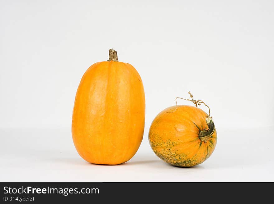 Two pumpkins against white background