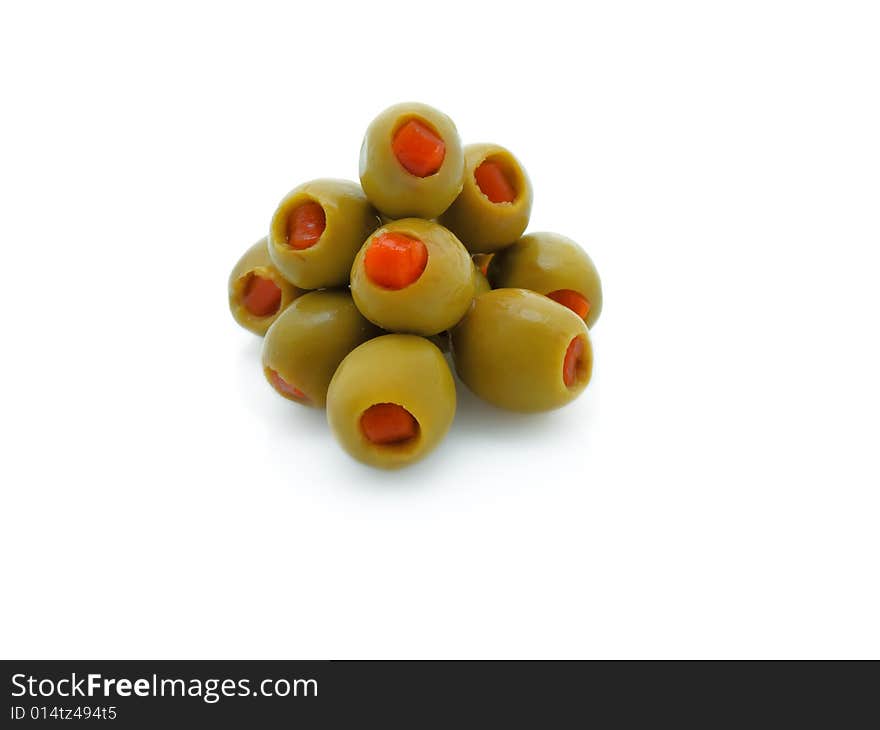 Olive fruit close up on white background